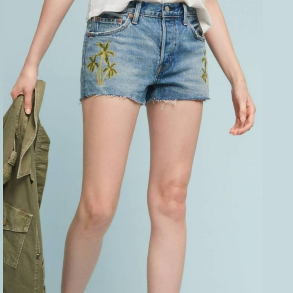 NWT Levi's 501 Palm Tree -Embroidered Shorts by Anthropologie x Levi's Size 28